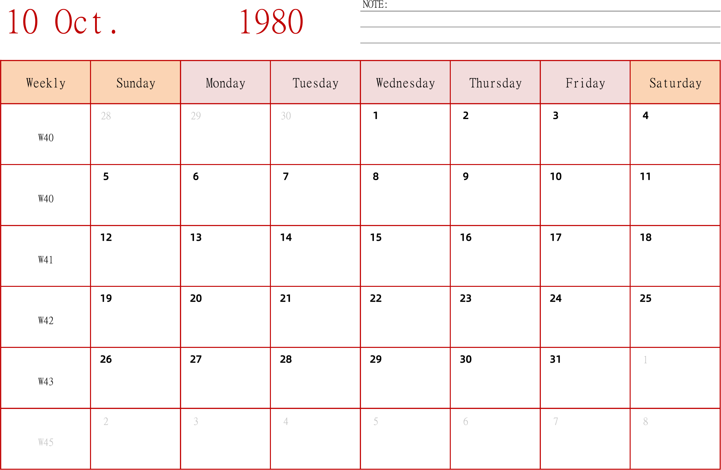 日历表1980年日历 英文版 横向排版 周日开始 带周数